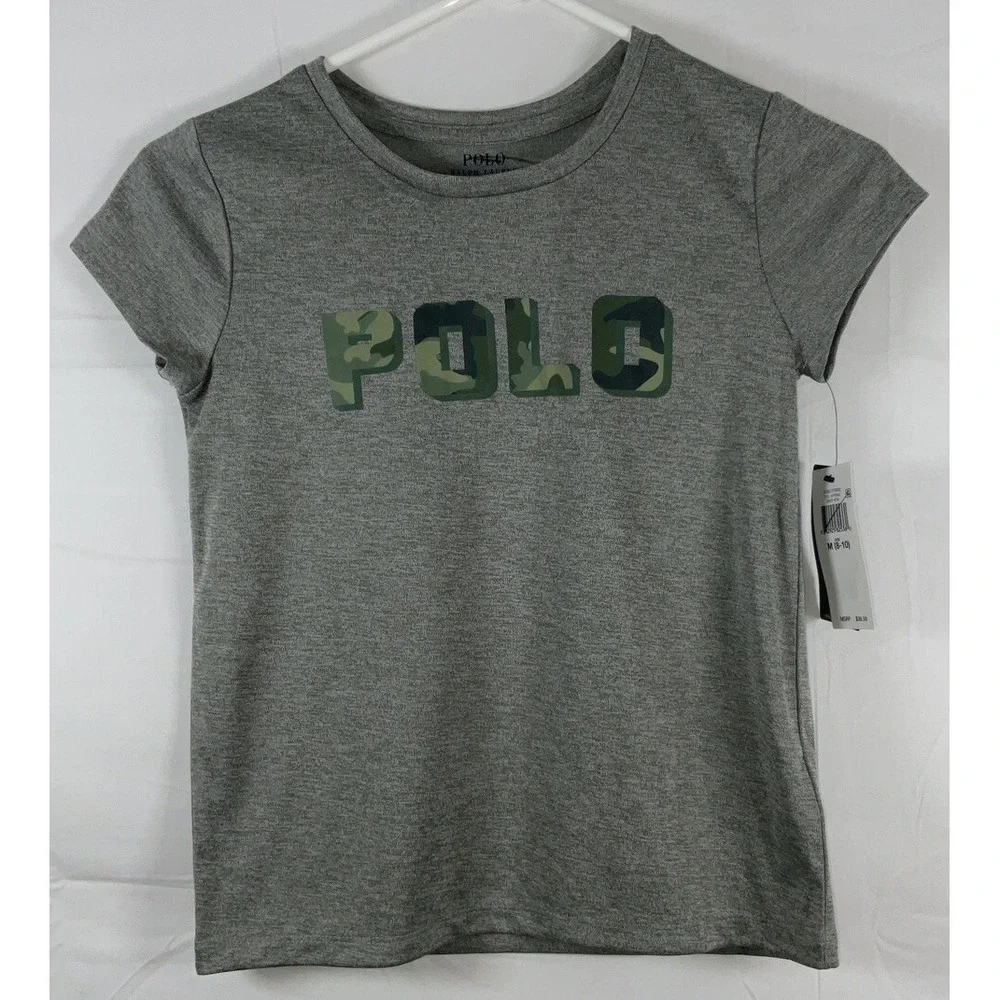 NWT Youth Polo Ralph Lauren Gray Heather w/ Green Camo POLO Logo T-Shirt 8-10